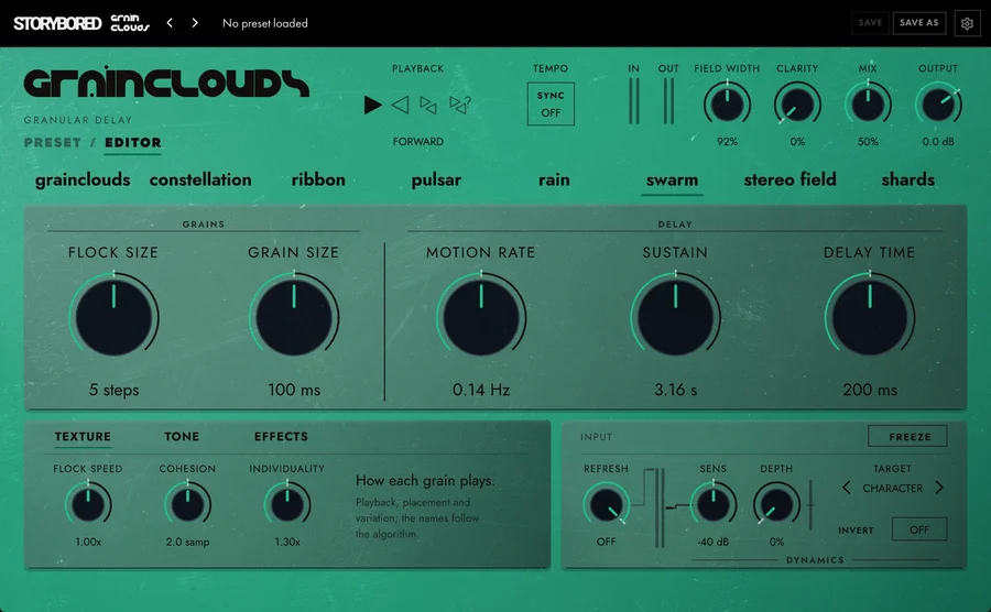 GRAINCLOUDS on swarm: the panel in its swarm colour, with its knobs named for swarm