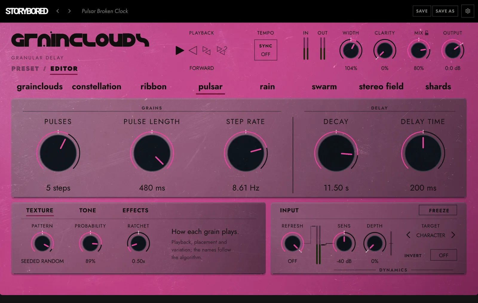 GRAINCLOUDS on pulsar: the panel in its pulsar colour, with its knobs named for pulsar