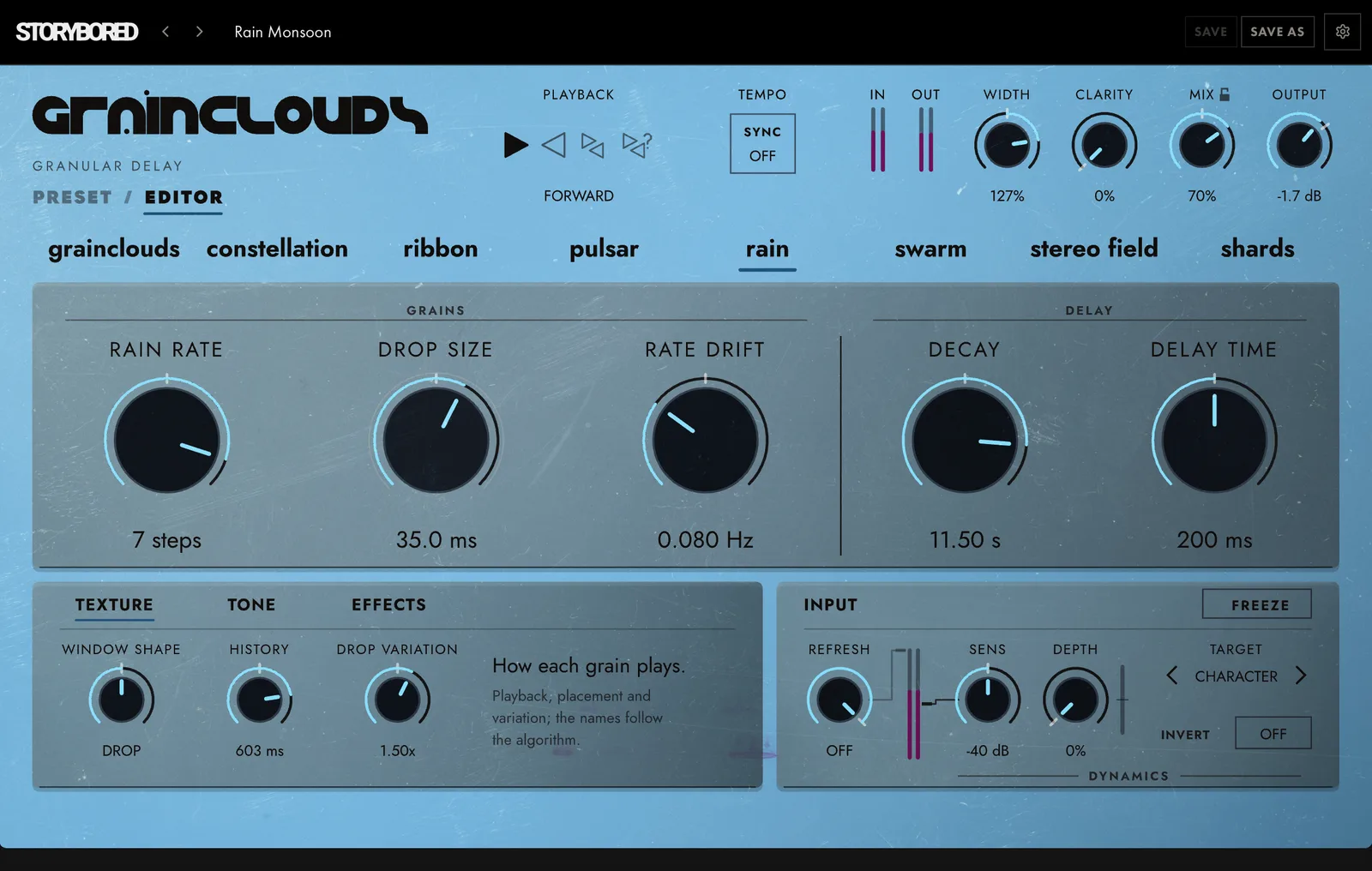 GRAINCLOUDS on rain: the panel in its rain colour, with its knobs named for rain