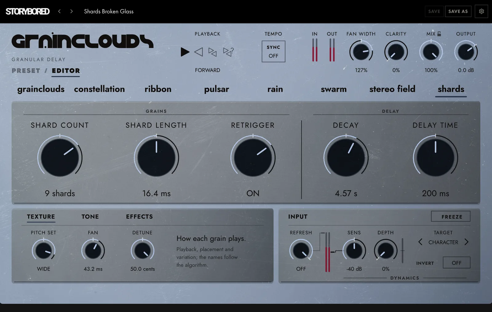 GRAINCLOUDS on shards: the panel in its shards colour, with its knobs named for shards
