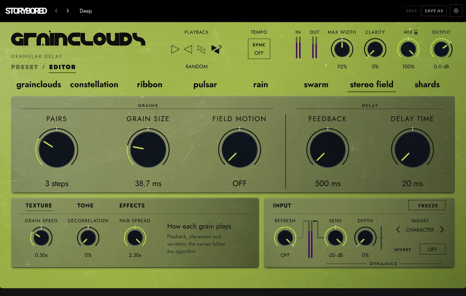 GRAINCLOUDS on stereo field: the panel in its stereo field colour, with its knobs named for stereo field