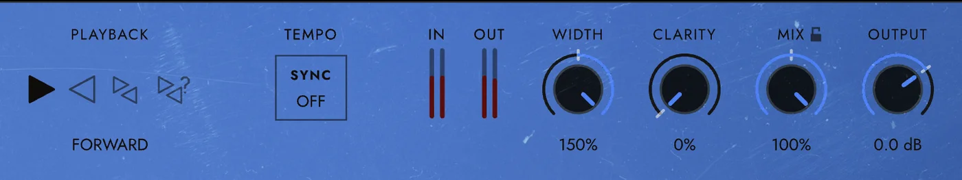 the GRAINCLOUDS header: PLAYBACK, TEMPO SYNC, the IN and OUT meters, WIDTH, CLARITY, MIX and OUTPUT