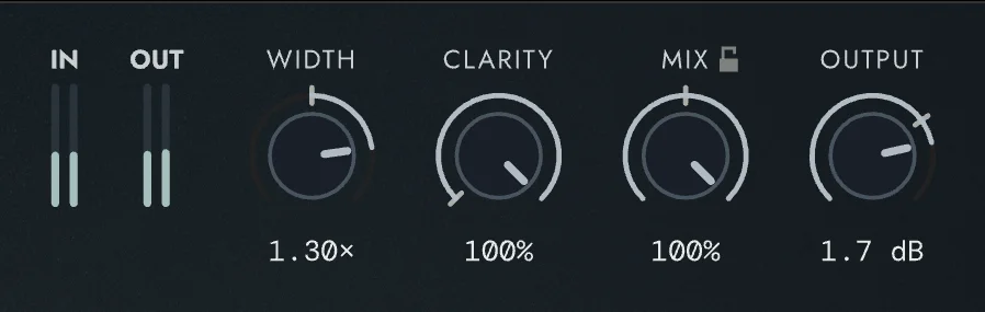 the LATEFIELD header: the IN and OUT meters, WIDTH, CLARITY, MIX and OUTPUT