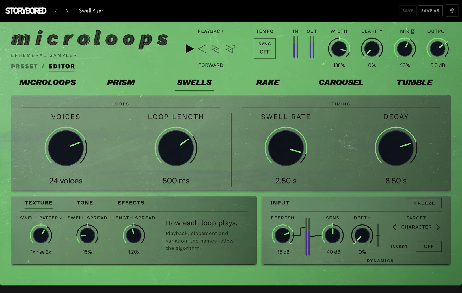 microloops on SWELLS: the panel in its SWELLS colour, with its knobs named for SWELLS