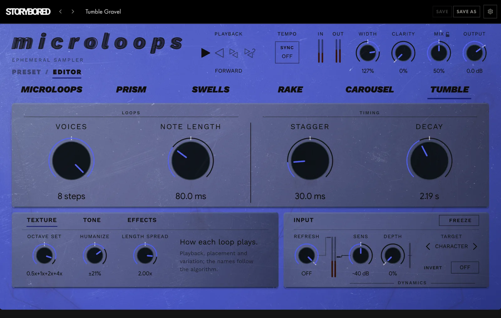 microloops on TUMBLE: the panel in its TUMBLE colour, with its knobs named for TUMBLE