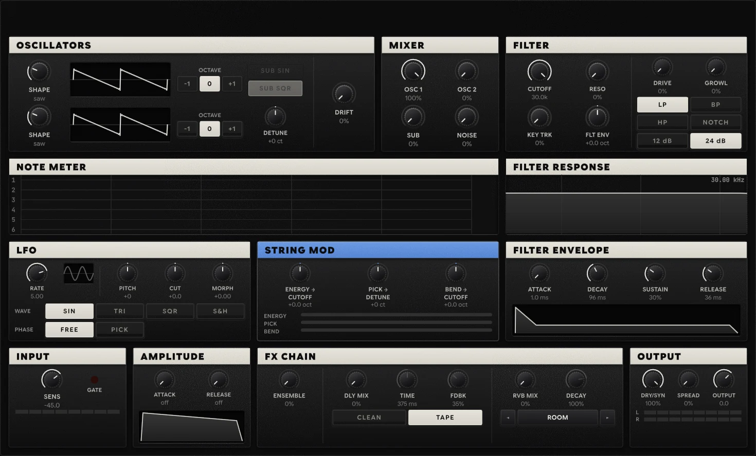 the polyANALOG panel: OSCILLATORS, MIXER and FILTER across the top, NOTE METER and FILTER RESPONSE, then LFO, STRING MOD, FILTER ENVELOPE, INPUT, AMPLITUDE, FX CHAIN and OUTPUT