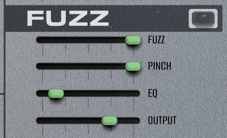 the FUZZ section: FUZZ, PINCH, EQ and OUTPUT, with the enable toggle in the header bar