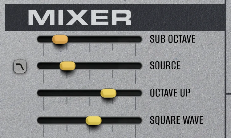 the MIXER section: faders for SUB OCTAVE, SOURCE, OCTAVE UP and SQUARE WAVE