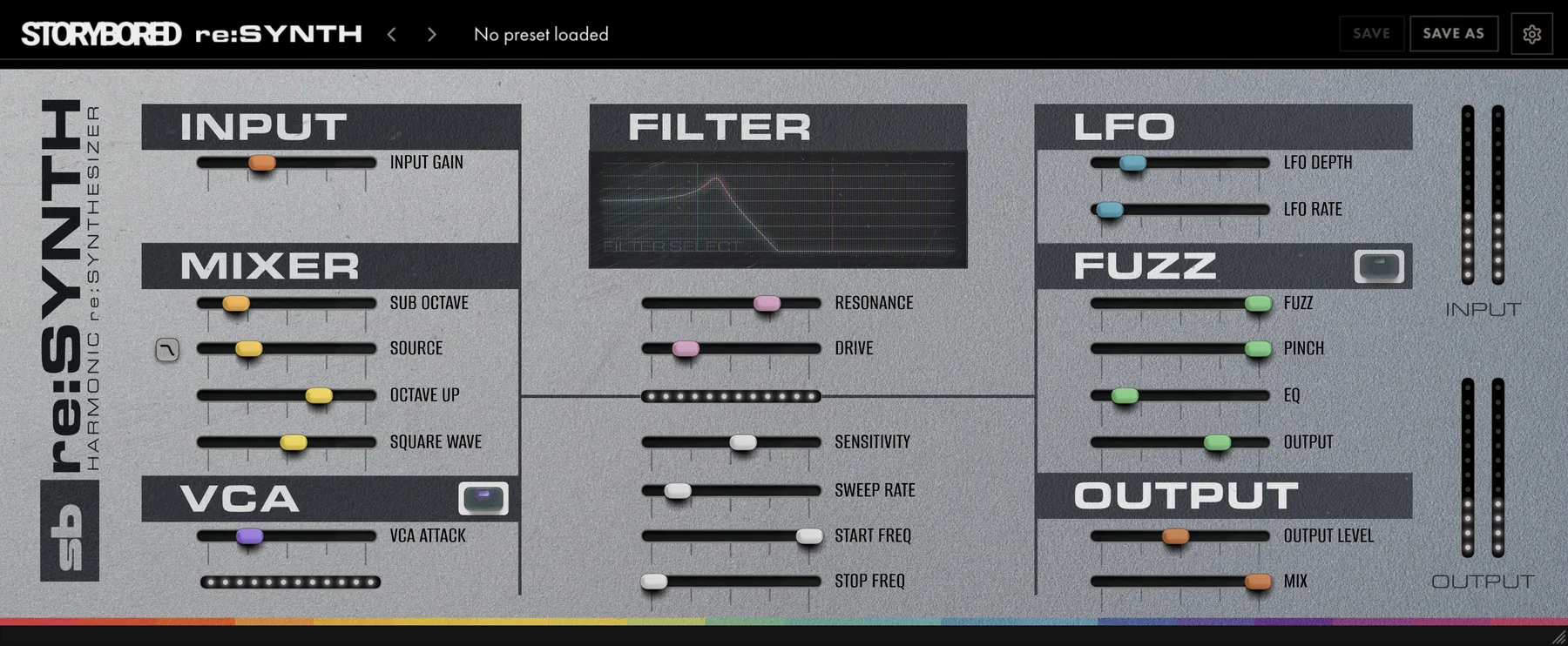 the re:SYNTH plugin panel: INPUT, MIXER and VCA on the left, the FILTER with its response curve in the centre, LFO, FUZZ and OUTPUT on the right