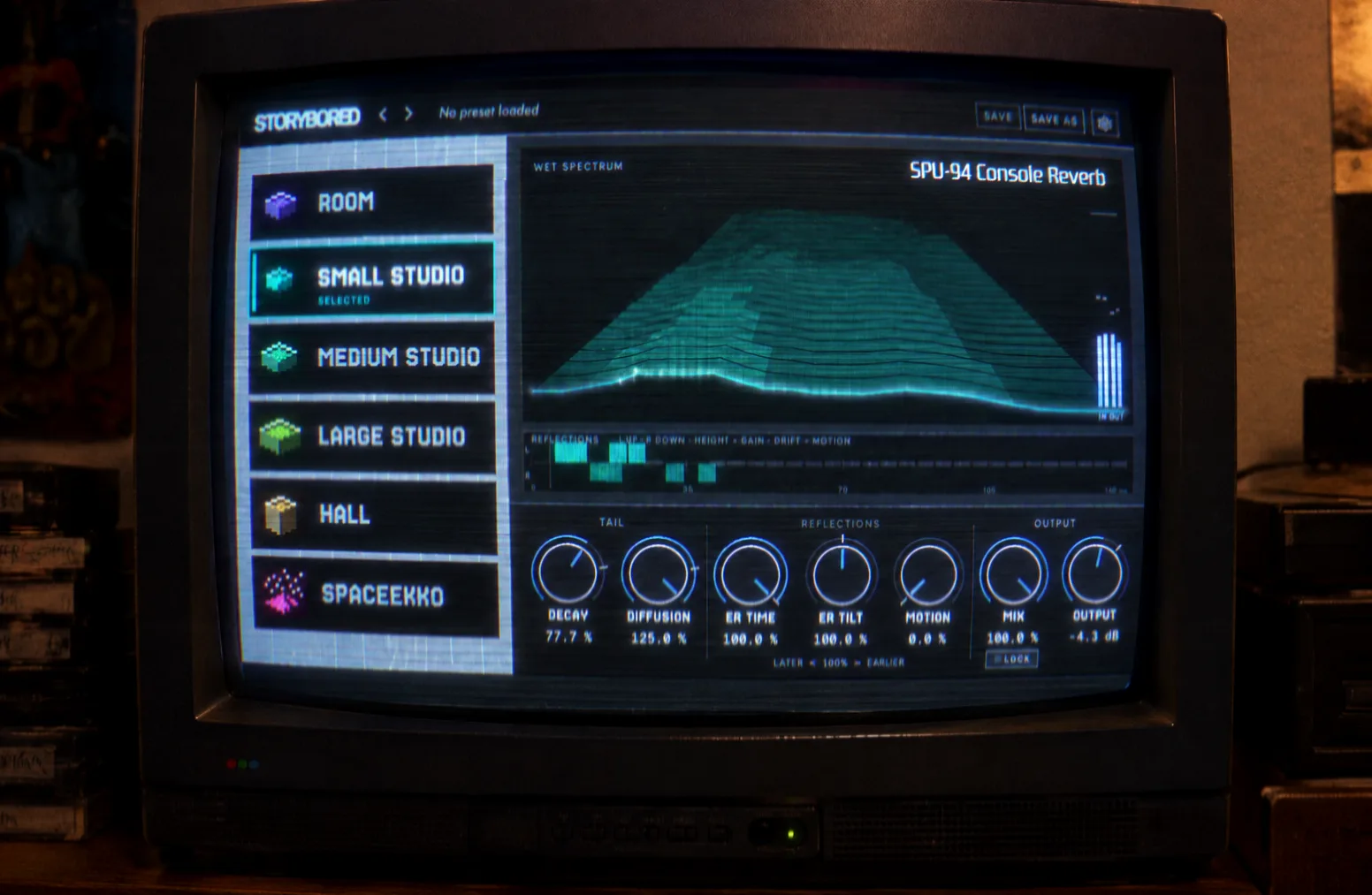 SPU-94 on a CRT television: the six spaces down the left with SMALL STUDIO selected, the wet spectrum waterfall, the reflections display and the seven knobs