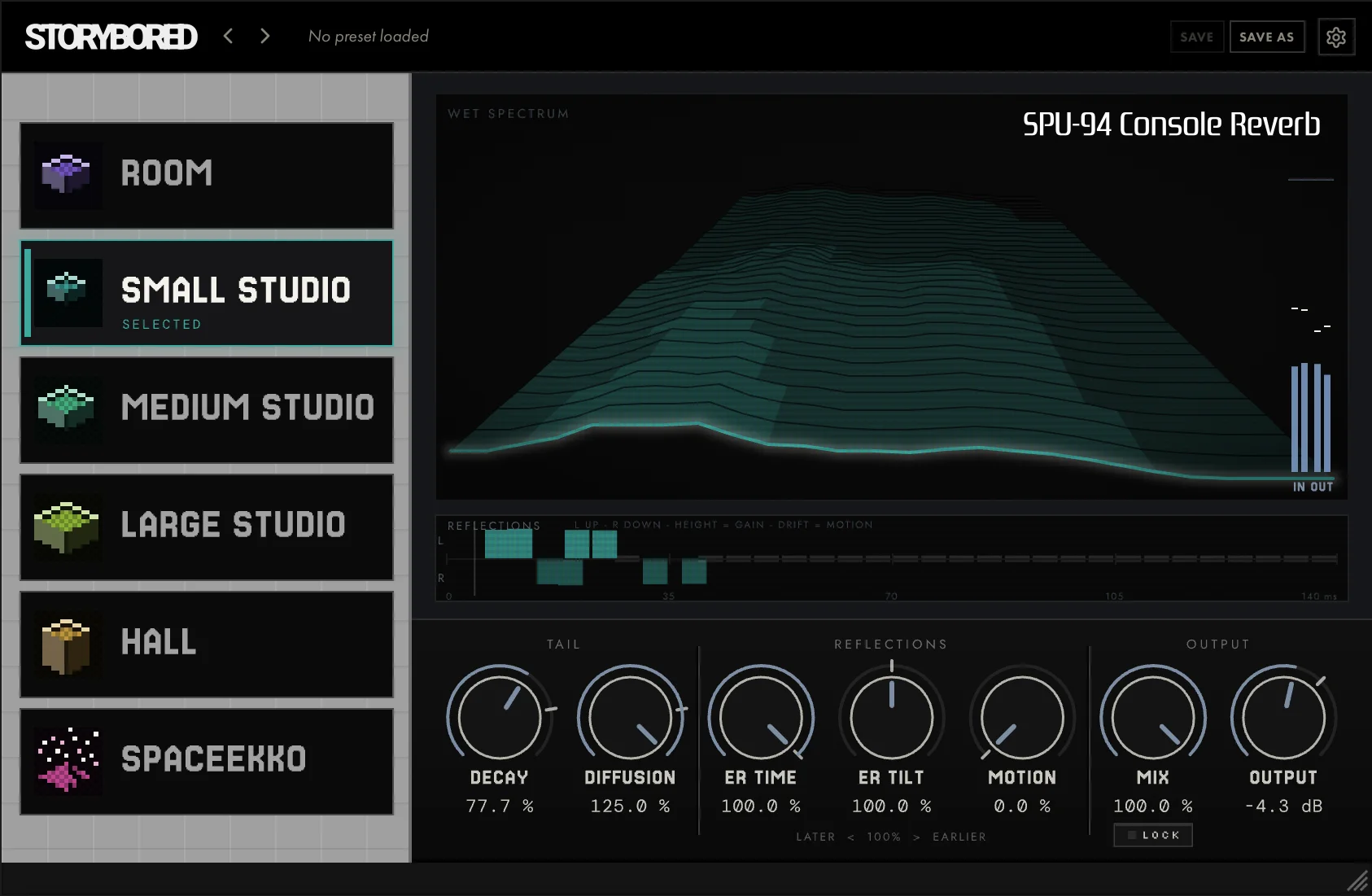 SPU-94 interface — mode list, wet spectrum, reflections display and controls