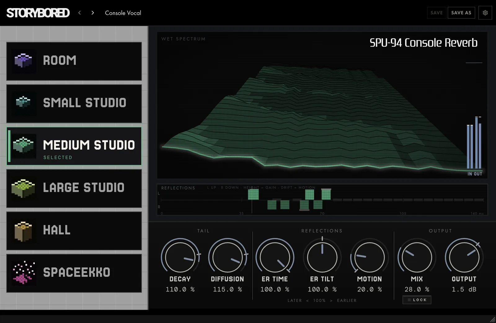 SPU-94 on MEDIUM STUDIO: the six spaces down the left, the wet spectrum and reflections displays, and the seven knobs in TAIL, REFLECTIONS and OUTPUT